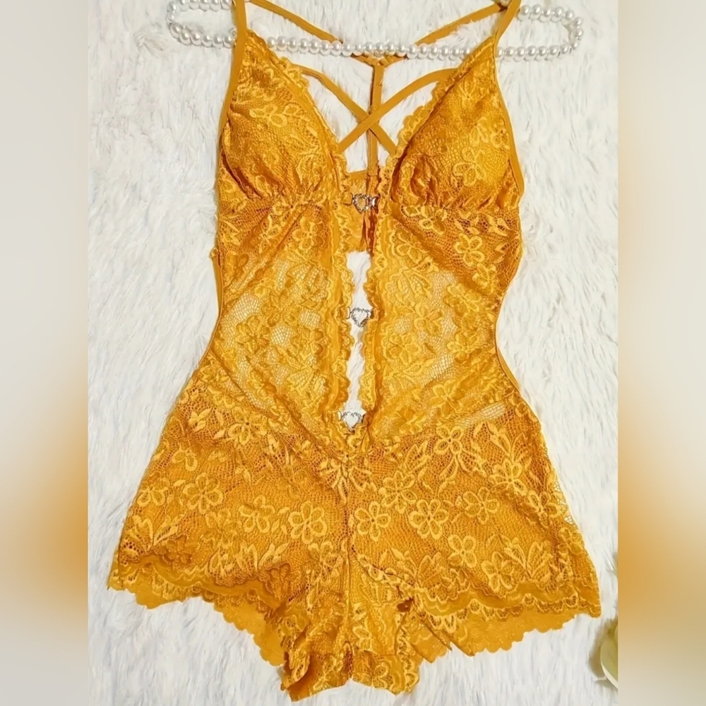 2/$50 Sheer Yellow Barbiecore Sexy Baddie Summer Lace Butterly Teddy M-(#1,417)